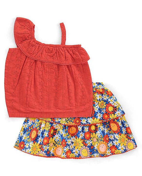Babyhug 100% Cotton Knit Sleeveless Top & Skirt Set Floral Print- Multicolor