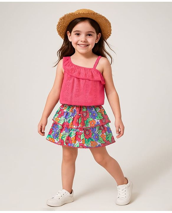 Babyhug 100% Cotton Knit Sleeveless Top & Skirt Set Floral Print- Multicolor