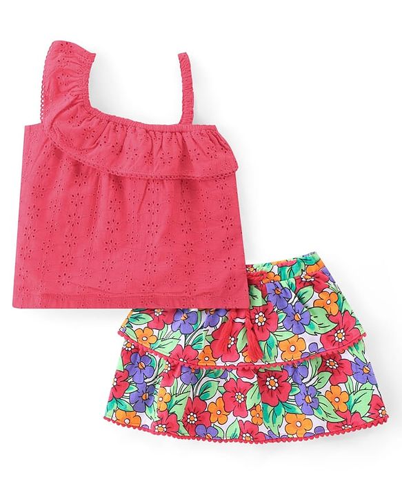 Babyhug 100% Cotton Knit Sleeveless Top & Skirt Set Floral Print- Multicolor