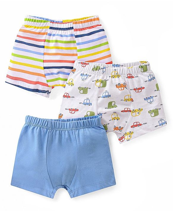 Babyhug 100% Cotton Knit Trunks Car Prints Pack of 3- White & Blue