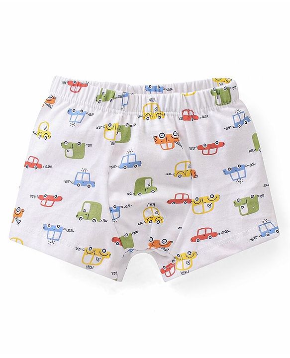 Babyhug 100% Cotton Knit Trunks Car Prints Pack of 3- White & Blue