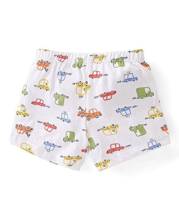 Babyhug 100% Cotton Knit Trunks Car Prints Pack of 3- White & Blue
