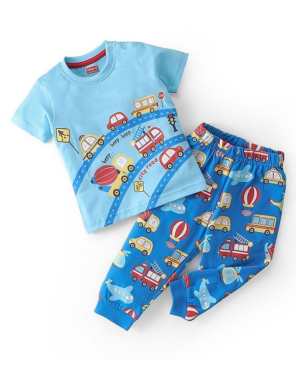 Babyhug Cotton Knit Single Jersey Half Sleeves Night Suit With Vehicle Print - Blue