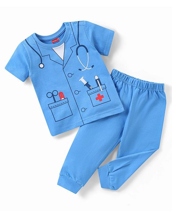 Babyhug Single Jersey Knit Half Sleeves Nightsuit Doctor Print - Blue