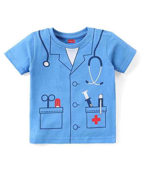 Babyhug Single Jersey Knit Half Sleeves Nightsuit Doctor Print - Blue