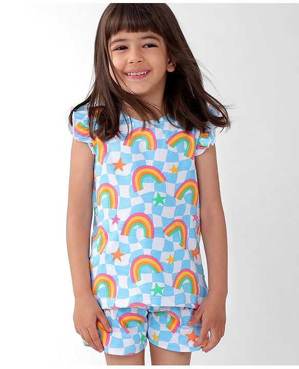Babyhug Cotton Knit Single Jersey  Frill Sleeves Night Suit With Rainbow Print - Blue