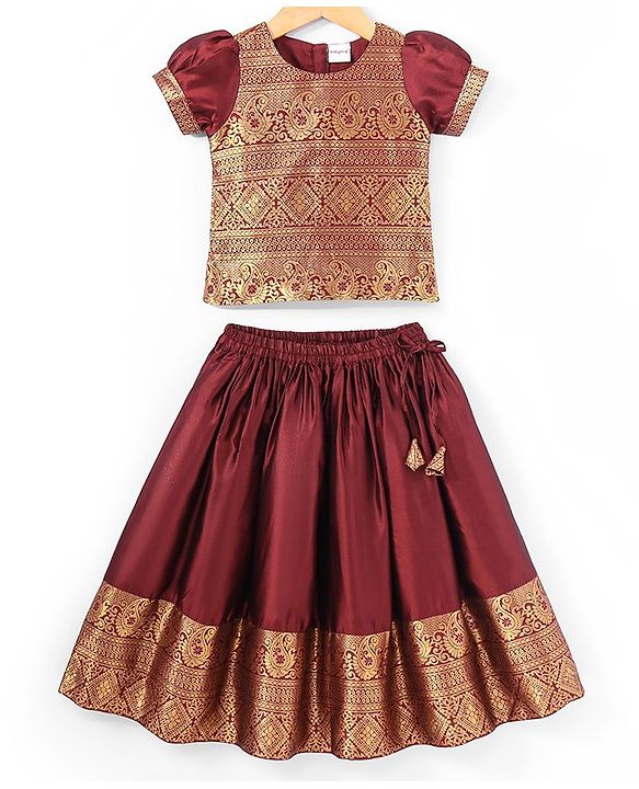 Babyhug  Short Sleeve Pattu Pavada  Choli Lehenga Set with Gold Foil Print - Maroon
