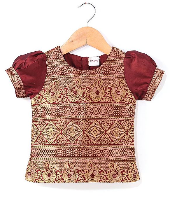 Babyhug  Short Sleeve Pattu Pavada  Choli Lehenga Set with Gold Foil Print - Maroon