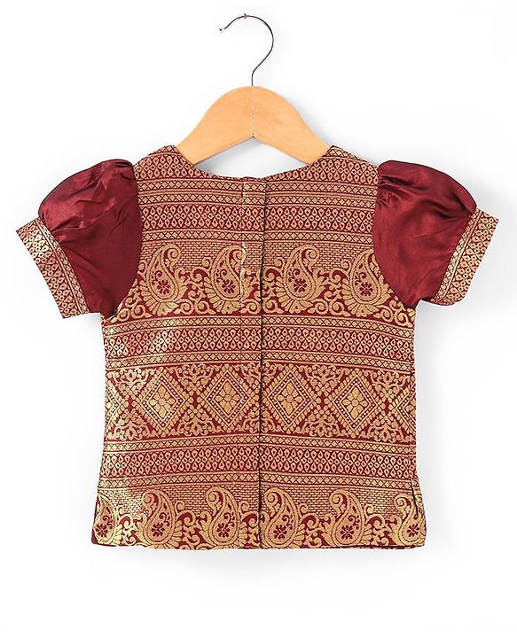 Babyhug  Short Sleeve Pattu Pavada  Choli Lehenga Set with Gold Foil Print - Maroon