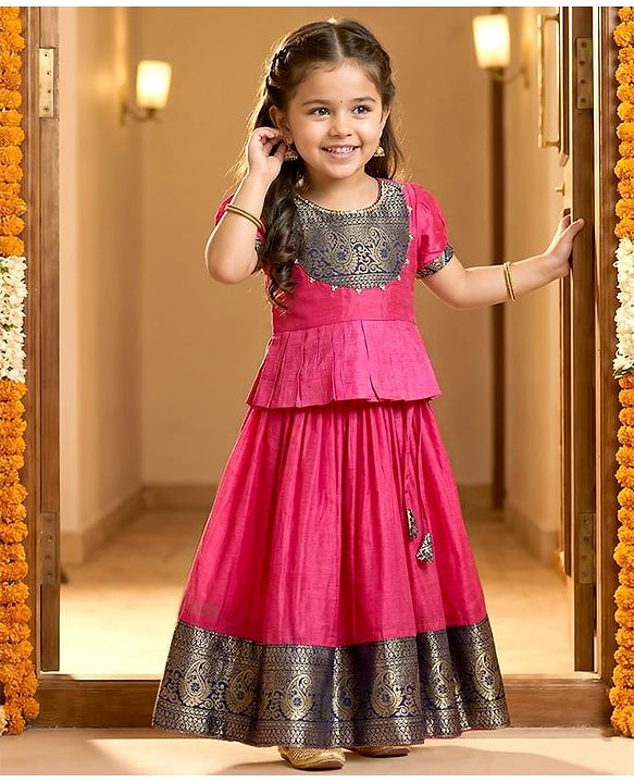 Babyhug Woven Half Sleeves Pattu Pavada Lehenga Choli Set With Floral & Lace Detailing - Dark Pink