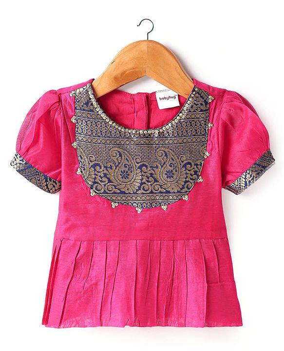 Babyhug Woven Half Sleeves Pattu Pavada Lehenga Choli Set With Floral & Lace Detailing - Dark Pink