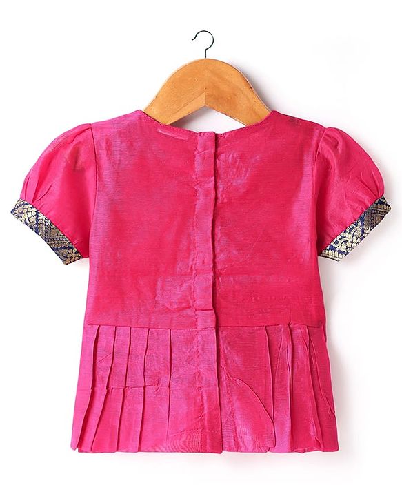 Babyhug Woven Half Sleeves Pattu Pavada Lehenga Choli Set With Floral & Lace Detailing - Dark Pink