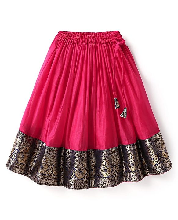 Babyhug Woven Half Sleeves Pattu Pavada Lehenga Choli Set With Floral & Lace Detailing - Dark Pink