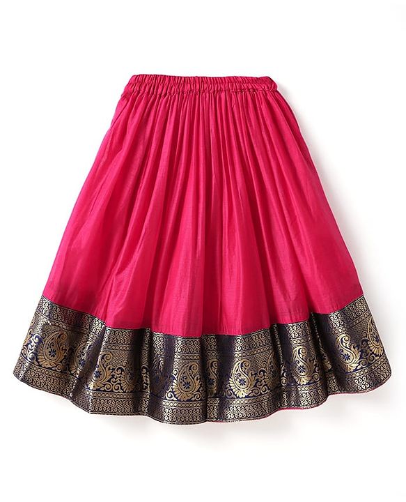 Babyhug Woven Half Sleeves Pattu Pavada Lehenga Choli Set With Floral & Lace Detailing - Dark Pink