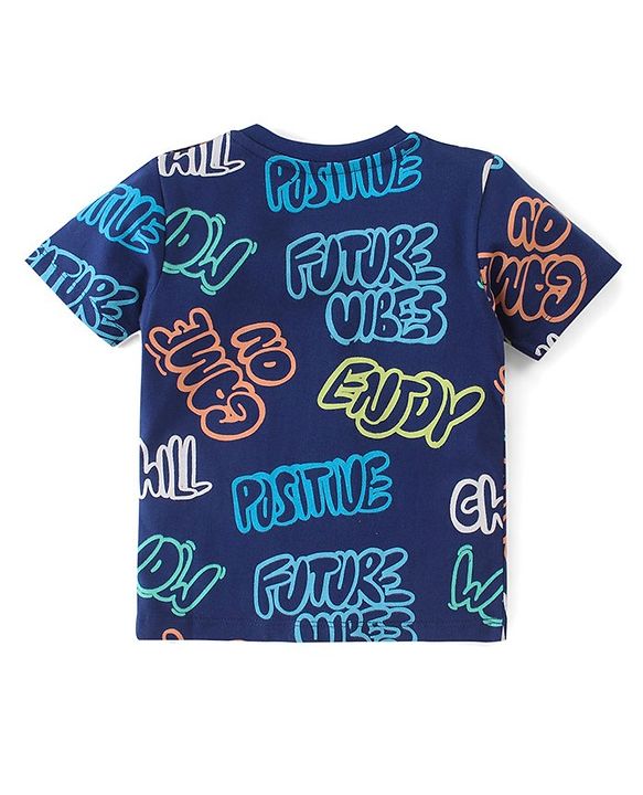 Babyhug Cotton Knit Half Sleeves Night Suit Text Print - Navy Blue