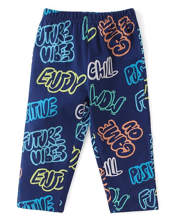 Babyhug Cotton Knit Half Sleeves Night Suit Text Print - Navy Blue