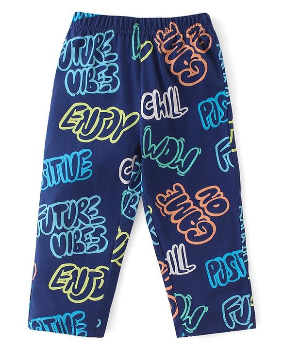 Babyhug Cotton Knit Half Sleeves Night Suit Text Print - Navy Blue