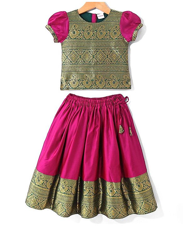 Babyhug  Short Sleeve Pattu Pavada Choli Lehenga  Set with Gold Foil Print - Fuschia