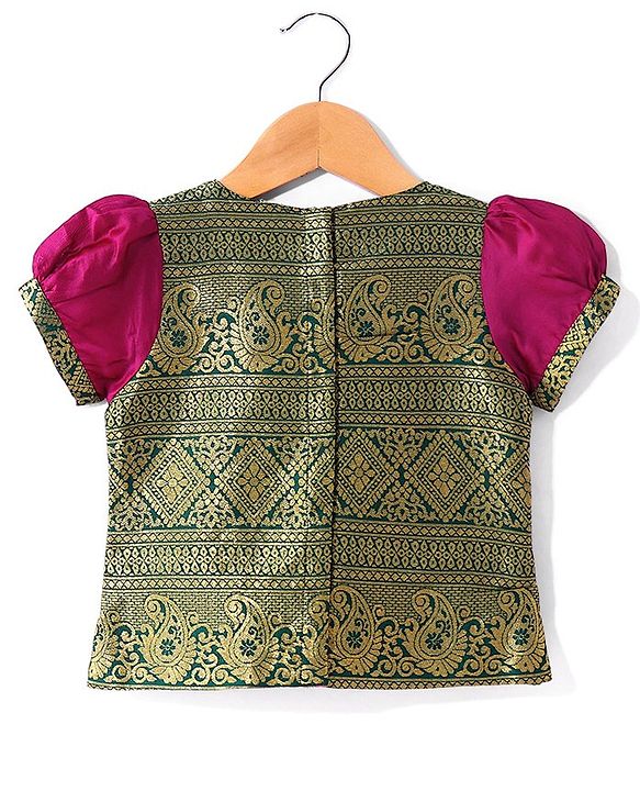 Babyhug  Short Sleeve Pattu Pavada Choli Lehenga  Set with Gold Foil Print - Fuschia