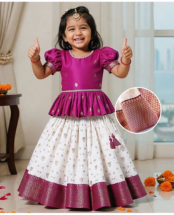 Babyhug Woven Half Puffed Sleeves Choli Lehenga Pattu Pavada Set With Floral Embroidery & Lace Detailing - White & Fuchsia