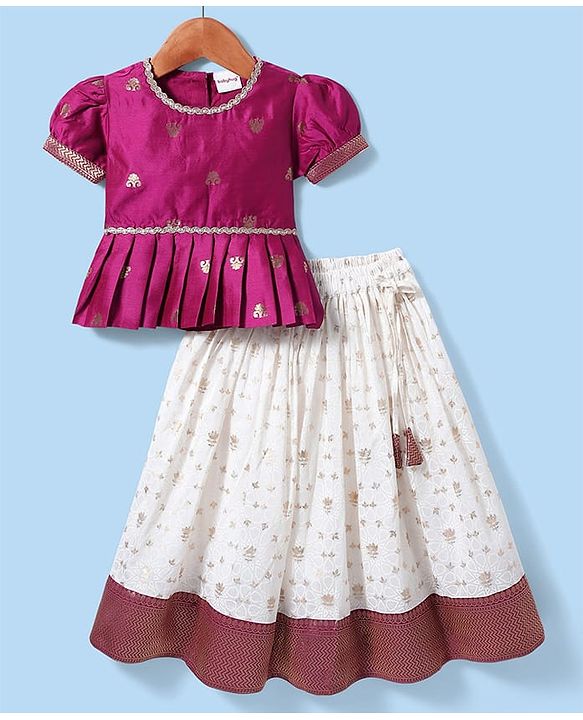 Babyhug Woven Half Puffed Sleeves Choli Lehenga Pattu Pavada Set With Floral Embroidery & Lace Detailing - White & Fuchsia