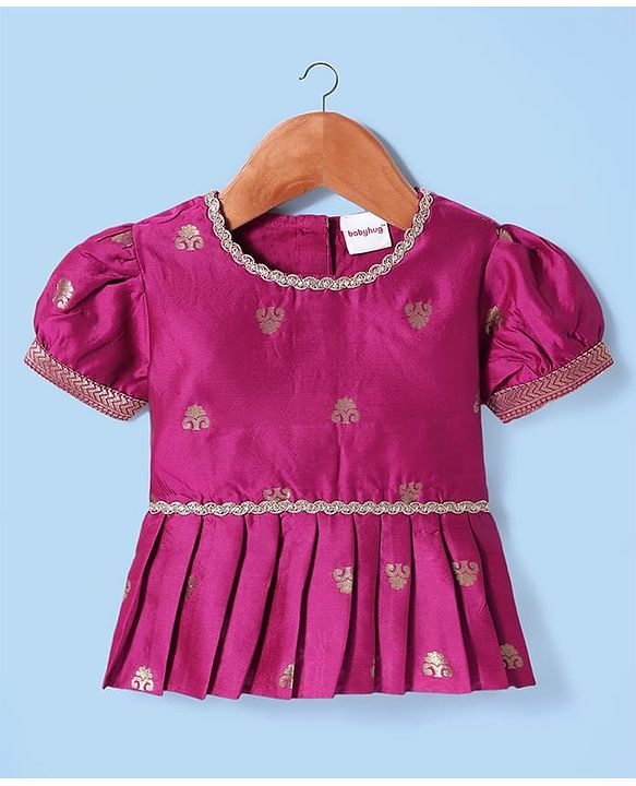 Babyhug Woven Half Puffed Sleeves Choli Lehenga Pattu Pavada Set With Floral Embroidery & Lace Detailing - White & Fuchsia
