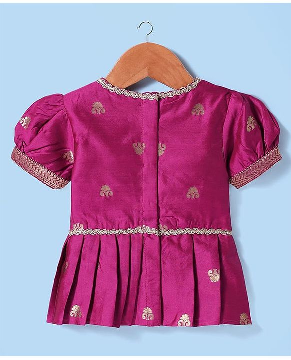 Babyhug Woven Half Puffed Sleeves Choli Lehenga Pattu Pavada Set With Floral Embroidery & Lace Detailing - White & Fuchsia
