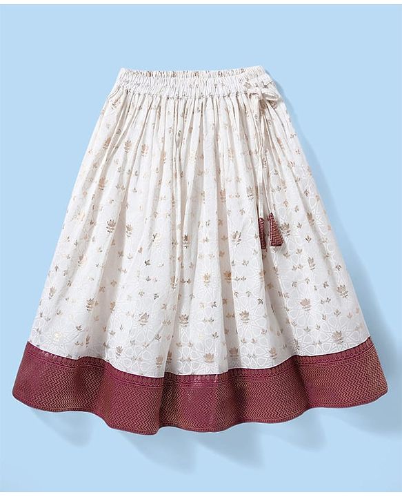 Babyhug Woven Half Puffed Sleeves Choli Lehenga Pattu Pavada Set With Floral Embroidery & Lace Detailing - White & Fuchsia