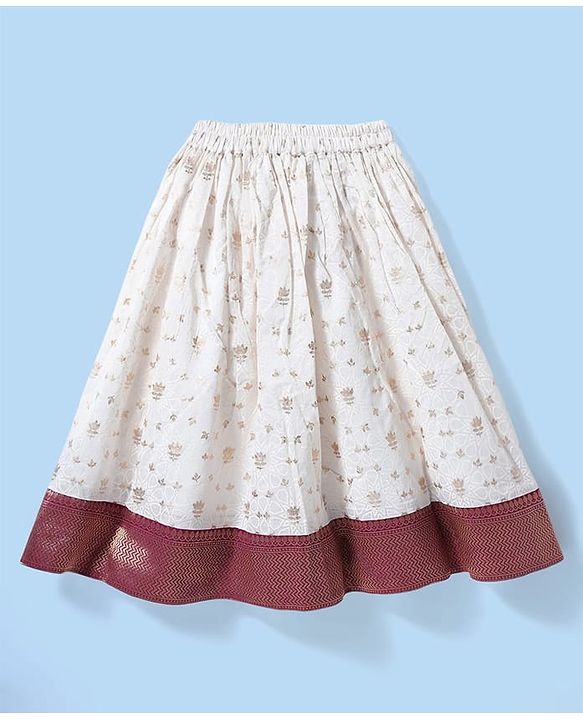 Babyhug Woven Half Puffed Sleeves Choli Lehenga Pattu Pavada Set With Floral Embroidery & Lace Detailing - White & Fuchsia