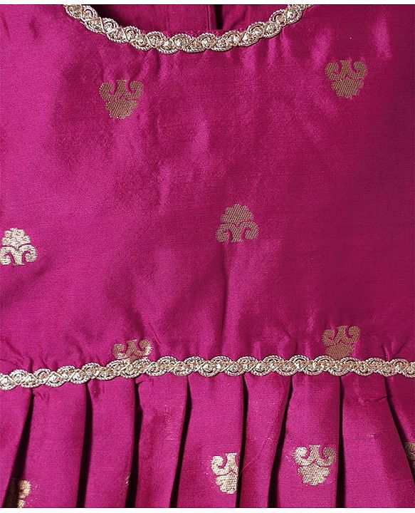 Babyhug Woven Half Puffed Sleeves Choli Lehenga Pattu Pavada Set With Floral Embroidery & Lace Detailing - White & Fuchsia