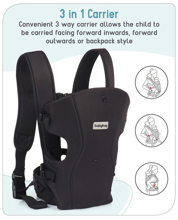 Babyhug  Elegant 3-in-1 Baby Carrier: Lightweight, Breathable fabric, Ergonomic design, Padded straps, Waist belt, 3 carry positions (inward, outward, back), Adjustable seat, Washable cover, Supports up to 15 kg- Grey