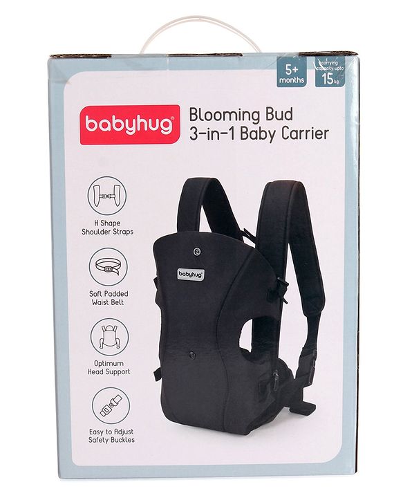 Babyhug  Elegant 3-in-1 Baby Carrier: Lightweight, Breathable fabric, Ergonomic design, Padded straps, Waist belt, 3 carry positions (inward, outward, back), Adjustable seat, Washable cover, Supports up to 15 kg- Grey