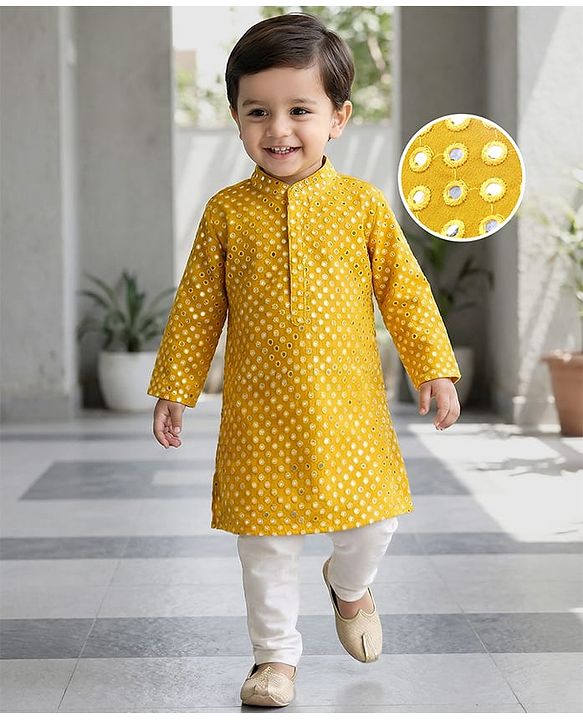 Babyhug Full Sleeves  Mirror Embroidered Kurta with Payjama Set - Yellow