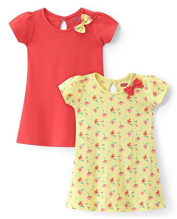 Babyhug 100% Cotton Half Sleeves Frock Floral Print with Bow Applique Pack of 2 - Red & Yellow