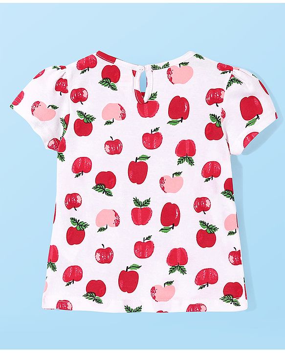 Babyhug 100% Cotton Woven Frock With Half Sleeves Inner T-Shirt with Apple Print - Blue & White