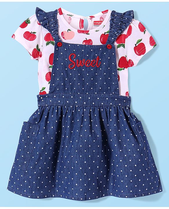 Babyhug 100% Cotton Woven Frock With Half Sleeves Inner T-Shirt with Apple Print - Blue & White