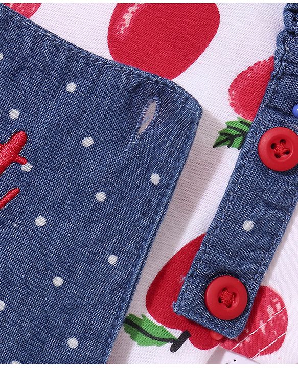 Babyhug 100% Cotton Woven Frock With Half Sleeves Inner T-Shirt with Apple Print - Blue & White