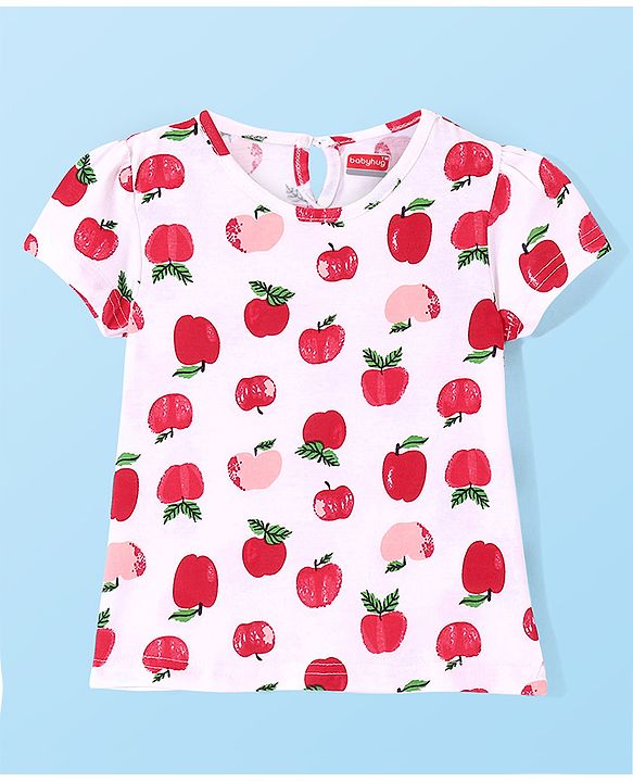Babyhug 100% Cotton Woven Frock With Half Sleeves Inner T-Shirt with Apple Print - Blue & White