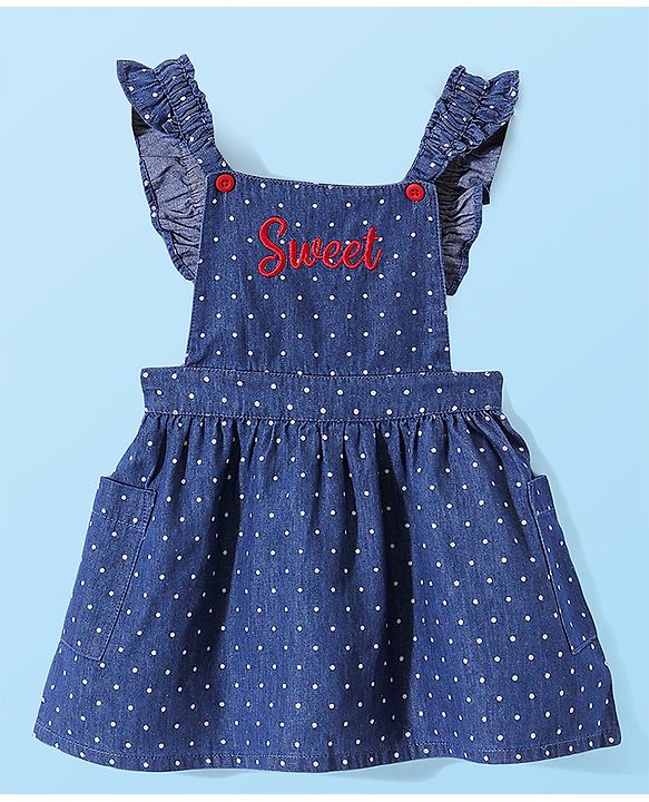 Babyhug 100% Cotton Woven Frock With Half Sleeves Inner T-Shirt with Apple Print - Blue & White
