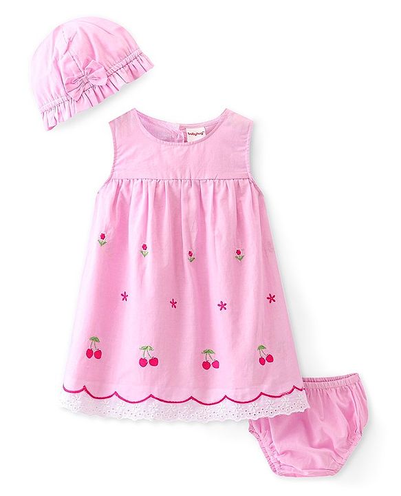 Babyhug 100% Cotton Knit Sleeveless Frock With Bloomer Floral & Cherry Embroidery - Pink