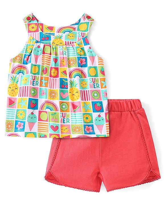 Babyhug 100% Cotton Knit Sleeveless Top & Shorts Set with Fruit Print - Multicolor