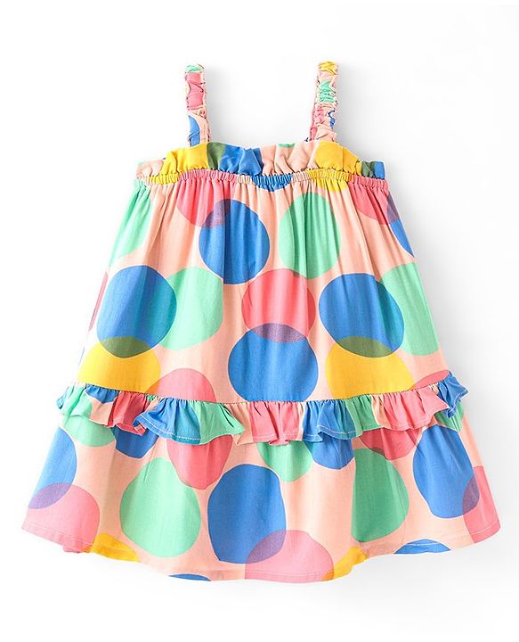 Babyhug 100% Cotton Woven Sleeveless Singlet Frock with Polka Dot Print & Frill Design - Multicolour