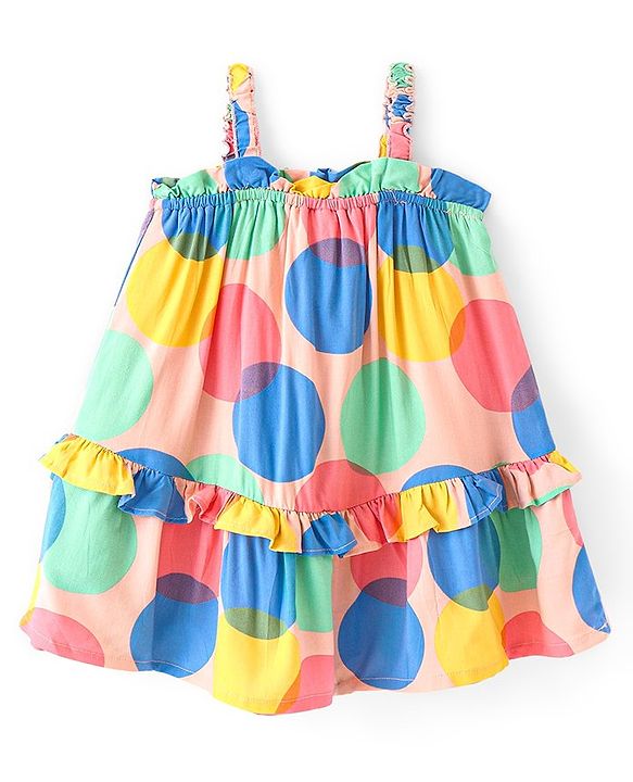 Babyhug 100% Cotton Woven Sleeveless Singlet Frock with Polka Dot Print & Frill Design - Multicolour