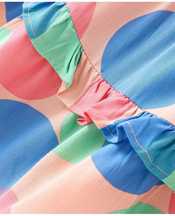 Babyhug 100% Cotton Woven Sleeveless Singlet Frock with Polka Dot Print & Frill Design - Multicolour
