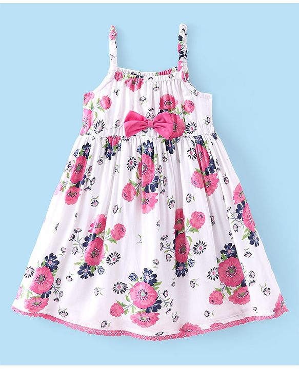 Babyhug Poplin Sleeveless Floral Printed Frock with Bow - White