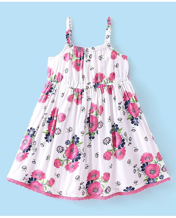 Babyhug Poplin Sleeveless Floral Printed Frock with Bow - White