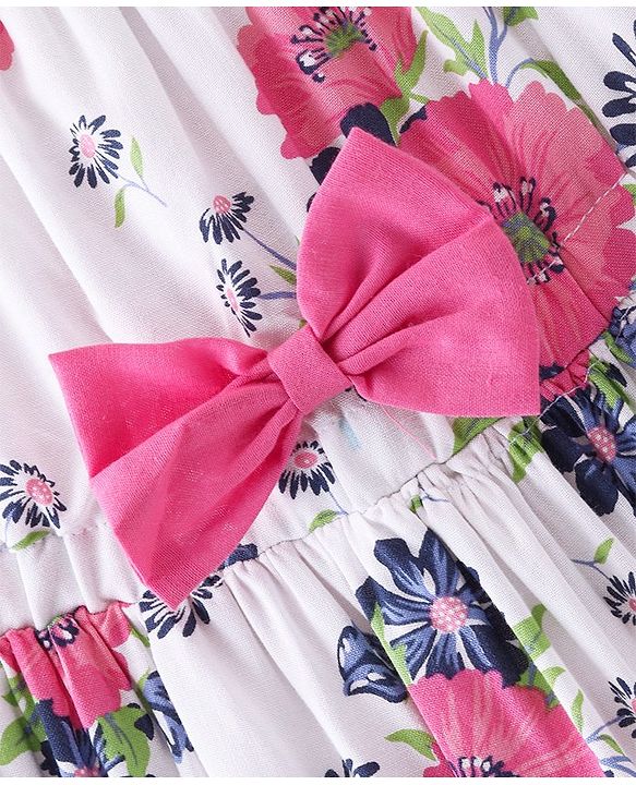 Babyhug Poplin Sleeveless Floral Printed Frock with Bow - White