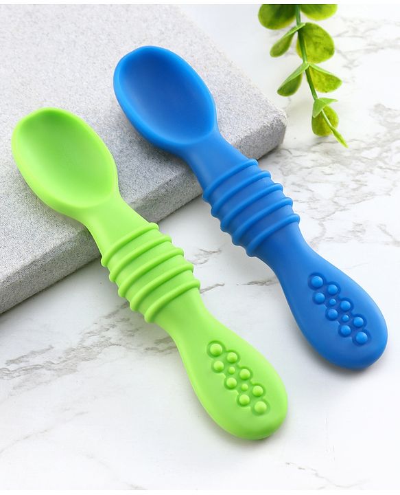 Babyhug Silicone Spoon with Flexible Soft Tip - Green & Blue
