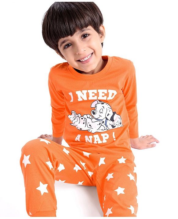 Babyhug Disney 100% Cotton Knit Full Sleeves Night Suit with 101 Dalmatians Graphics - Orange