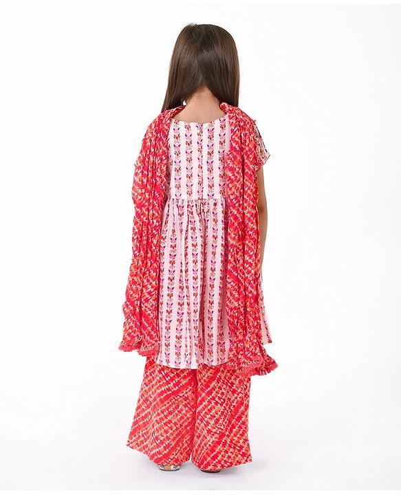 Babyhug Cotton Woven Half Sleeves Kurta With Fringe Lace & Palazzo Set With Dupatta in Laheriya Print - Off White & Orange